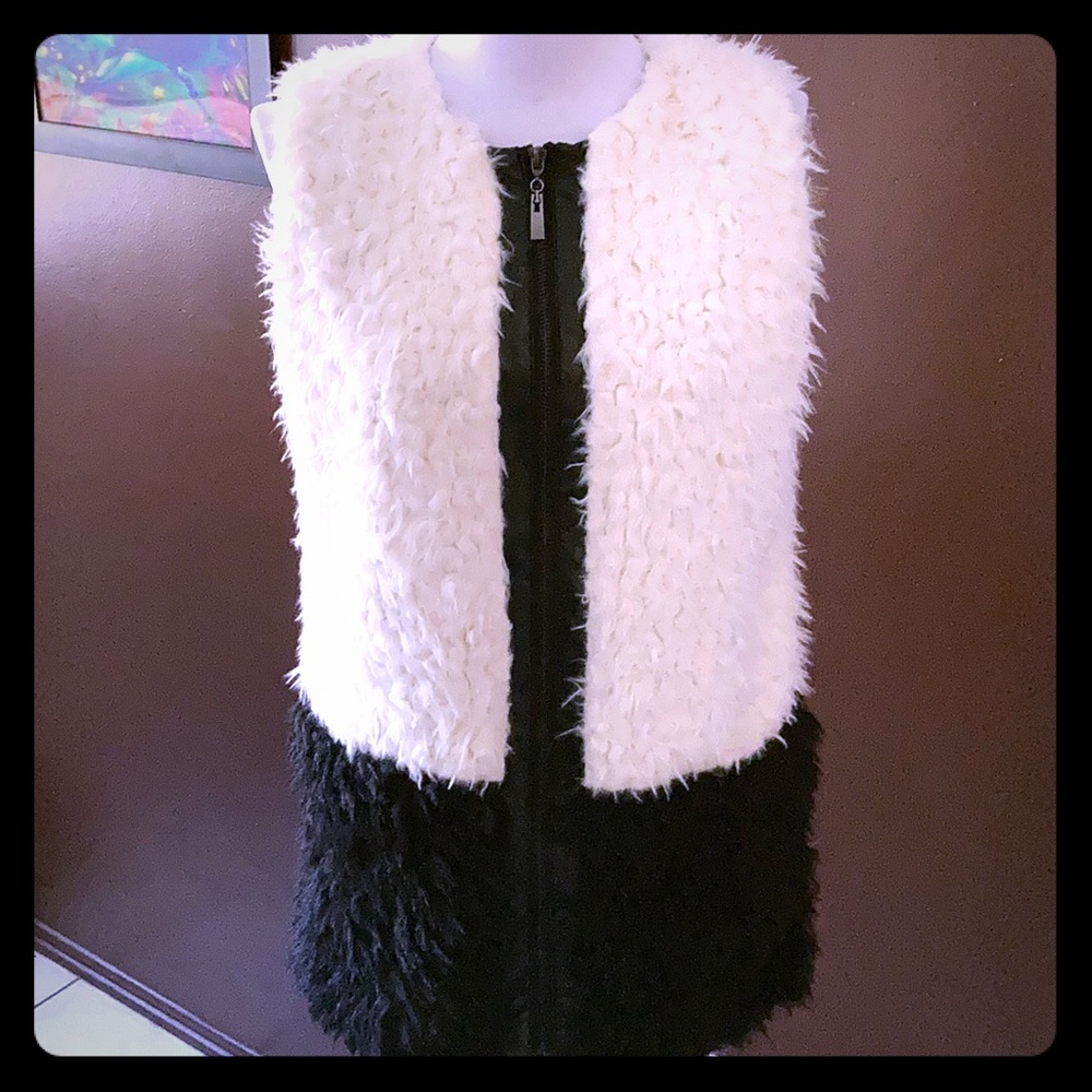 Long black and creme two tone furry vest